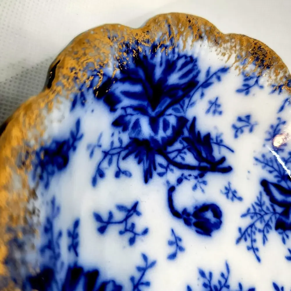 Antique Warwick Flow Blue Pansy Pattern 4 Dessert Bowls Gold Gilt Scalloped Edge